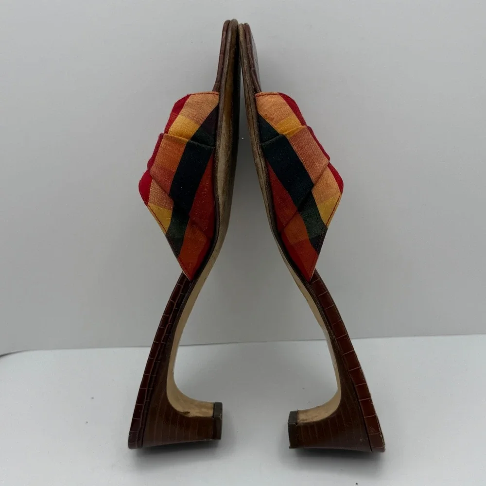 Brighton Women's Size 8 Square Toe Slide Sandals Multi Color Plaid Wedge Heels - Picture 6 of 8